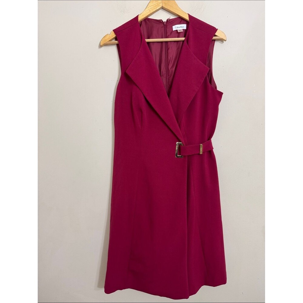 Calvin Klein Sleeveless Belted Midi Wrap Dress Berry size 12 Career Events Chic